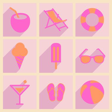 Düz gölge kavramı ve mobil uygulama beach simgeleri ile