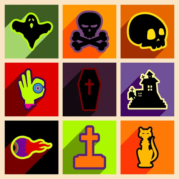 Plat avec concept d'ombre et application mobile icônes Halloween — Image vectorielle