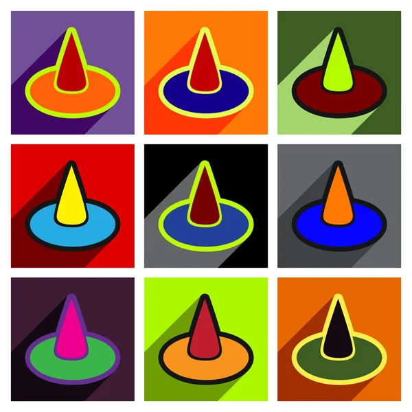 Plochá s stín pojem čarodějnice klobouk na barevném pozadí — Stockový vektor