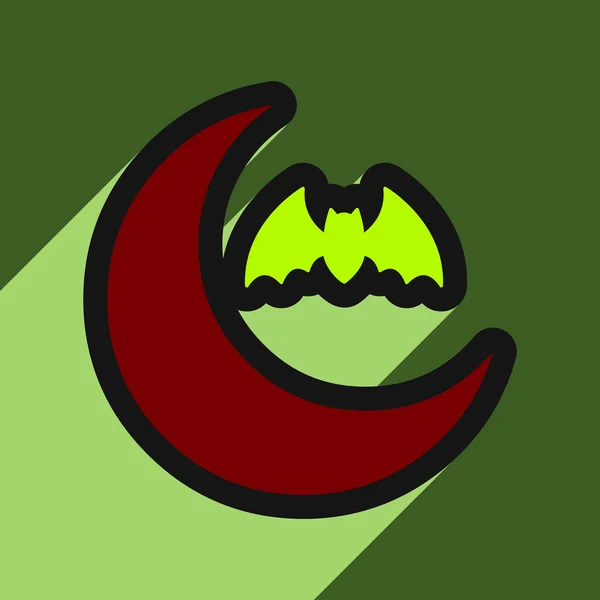 Piso con sombra Icono luna y murciélago sobre fondo de color — Vector de stock