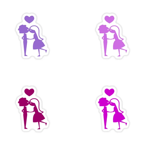 Vergadering realistische sticker ontwerp op papier meisje kussen jongen — Stockvector