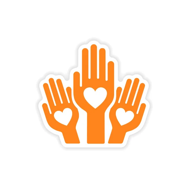Adesivo icona design realistico su carta mani cuore — Vettoriale Stock