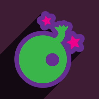 Düz gölge simgesi bomba ile ve renkli arka plan üzerinde yıldız