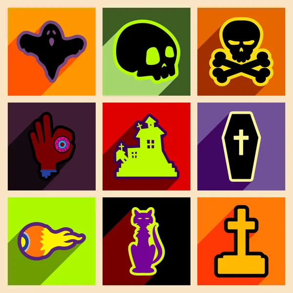 Plat avec concept d'ombre et application mobile icônes Halloween — Image vectorielle