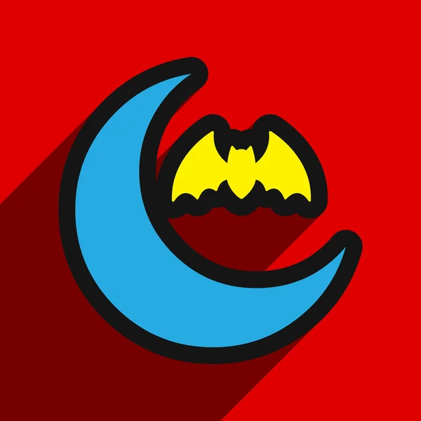 Plano com sombra Ícone lua e morcego sobre fundo colorido — Vetor de Stock