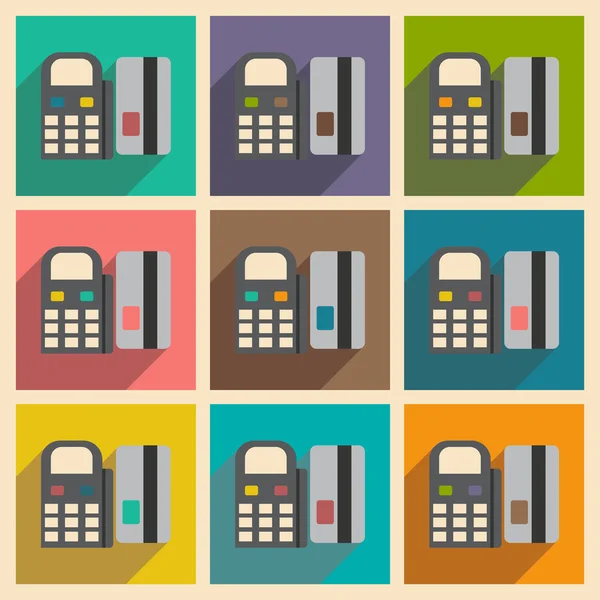Modern samling platt ikoner med skugga bankkort och terminal — Stock vektor
