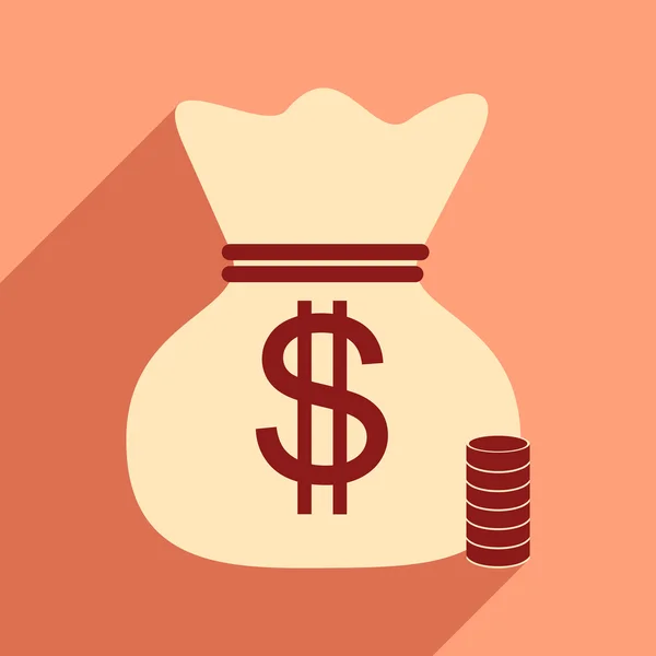 Plat met schaduw pictogram geld zak en munten — Stockvector