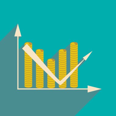 Düz gölge simgesi ekonomik grafik ve madeni paralar ile
