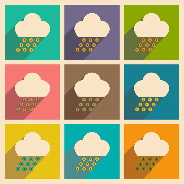 Appartement met schaduw pictogram concept cloud en regen van munten — Stockvector