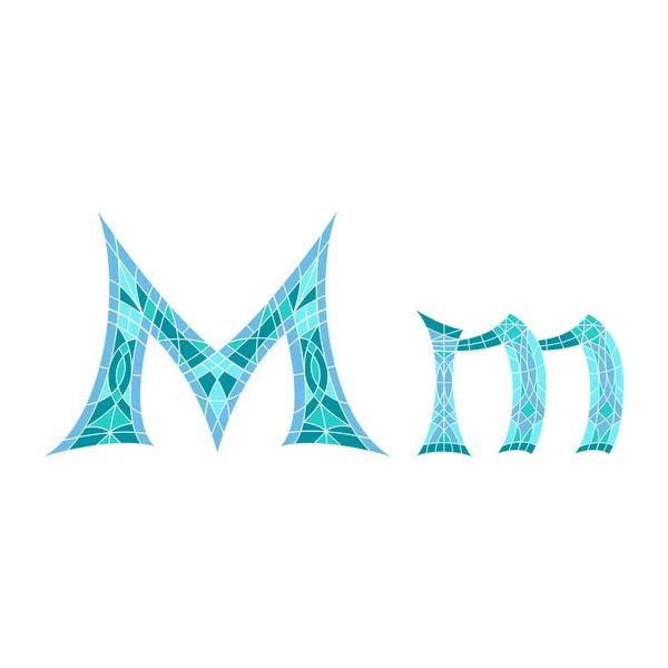 Laag poly letter M in blauwe mozaïek veelhoek — Stockvector