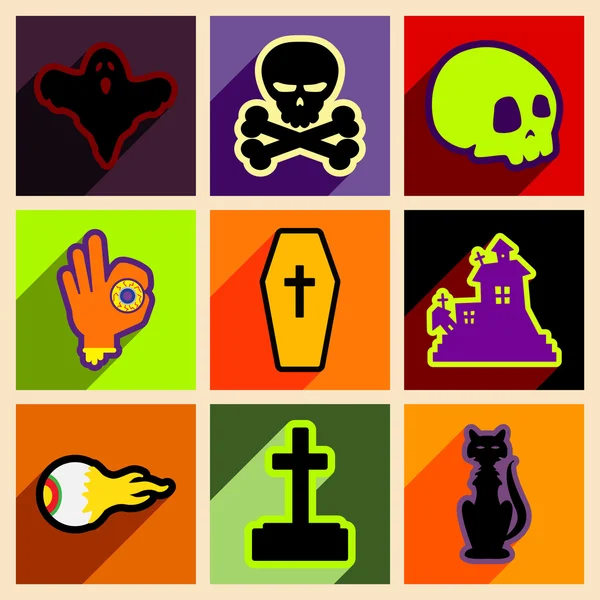 Plat avec concept d'ombre et application mobile icônes Halloween — Image vectorielle