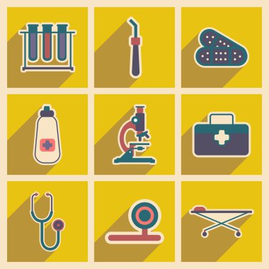 Tıp aletleri ve ilaç düz tarzı simgeleri