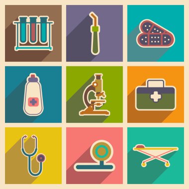 Tıp aletleri ve ilaç düz tarzı simgeleri