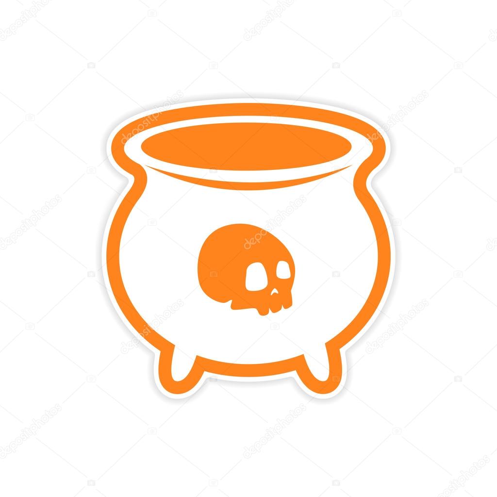 sticker witches cauldron with a skull on white background