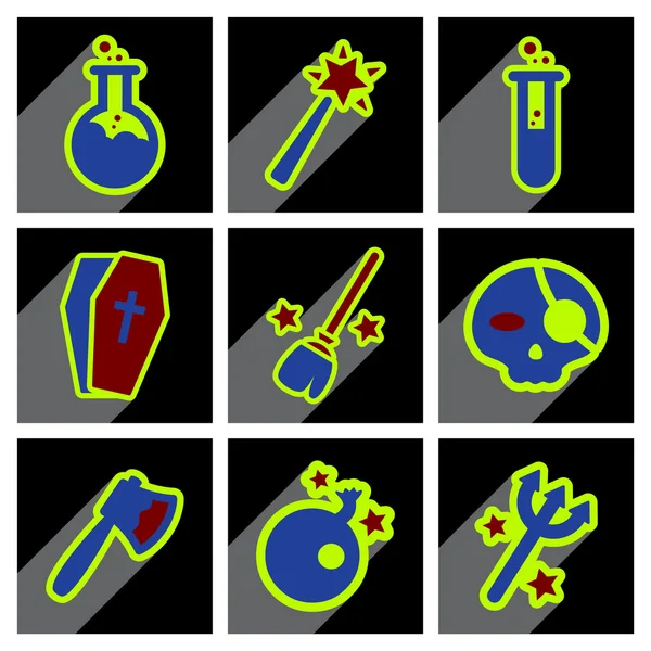 Appartamento con il concetto di ombra Icone di Halloween su sfondo colorato — Vettoriale Stock
