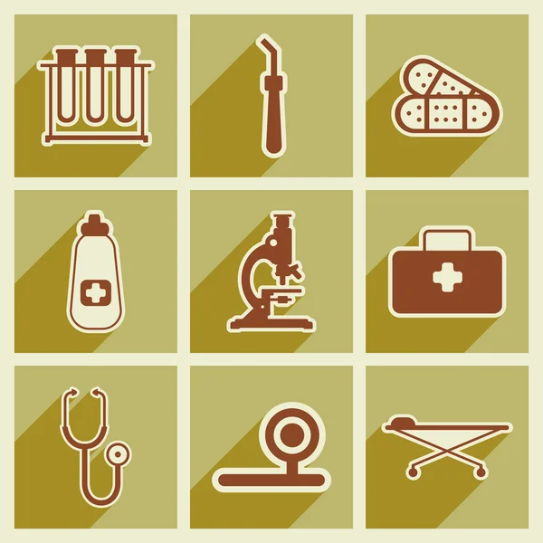 Iconos de instrumentos médicos y medicamentos en estilo plano — Vector de stock