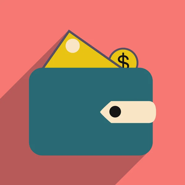 Plat met schaduw pictogram portemonnee geld en munten — Stockvector