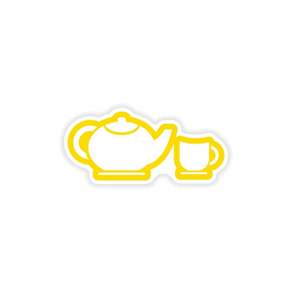 Paper sticker teapot and cup on white background — Stock Vector