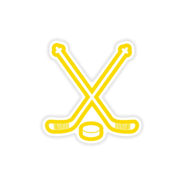 Paper sticker hockey sticks and puck on white background — Stock Vector