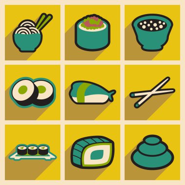 Düz gölge kavramı ile şık arka planlar üzerinde Japonca gıda