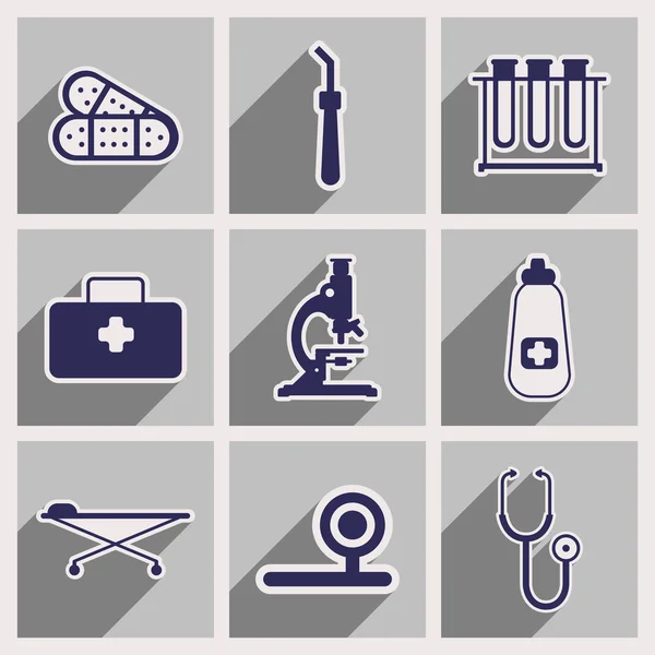 Iconos de instrumentos médicos y medicamentos en estilo plano — Vector de stock