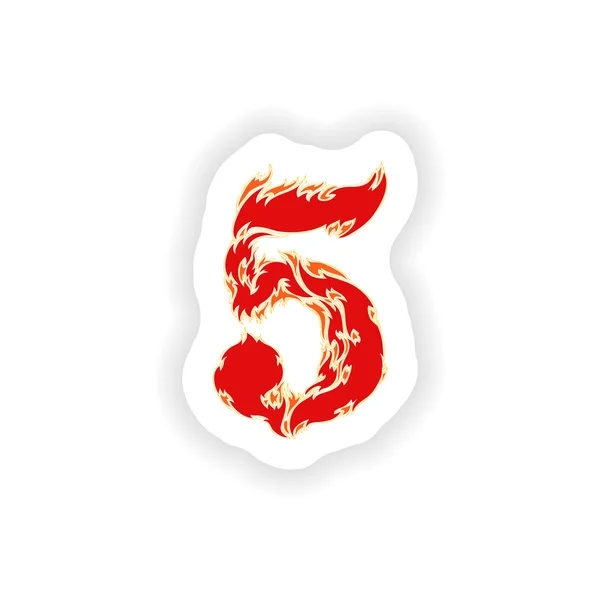 Наклейка огненный шрифт красный номер 5 на белом фоне — стоковый вектор