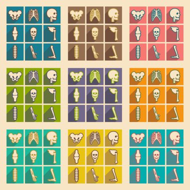 Uzun gölge insan iskeleti ile düz Icons set