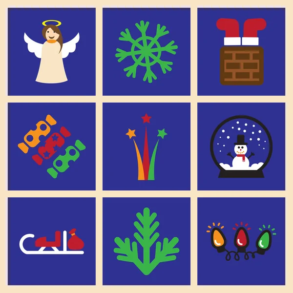 Set di icone piatte su sfondo blu Natale — Vettoriale Stock