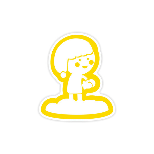 paper sticker on white background child playing snowballs