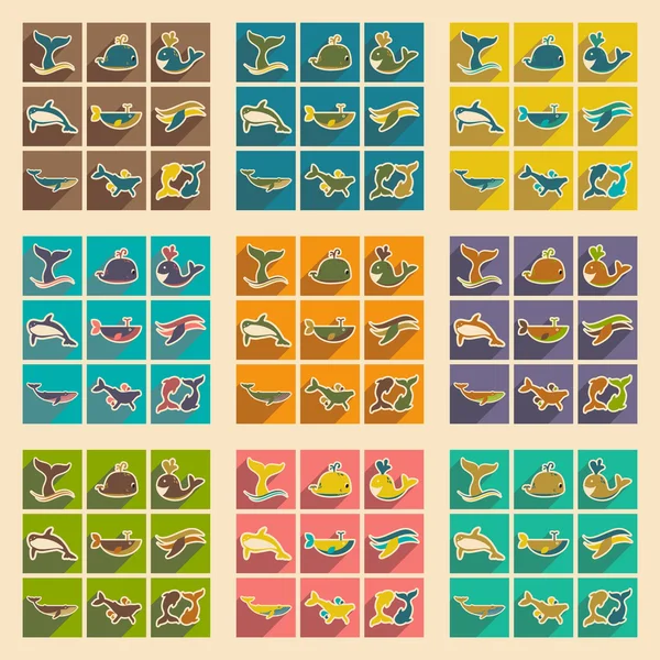Establecer iconos planos con largas ballenas sombra — Archivo Imágenes Vectoriales
