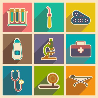 Tıp aletleri ve ilaç düz tarzı simgeleri