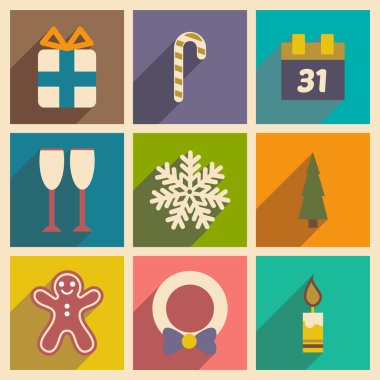 Uzun gölge Noel ve yeni yıl ile düz Icons set