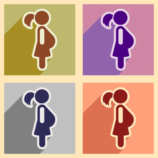 Establecer iconos planos con sombra larga embarazada Chica — Vector de stock
