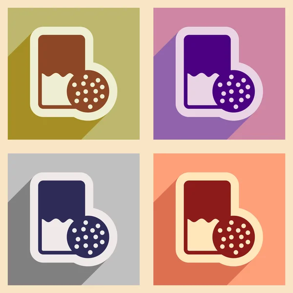 Uppsättning platt ikoner med skugga glas mjölk och kakor — Stock vektor