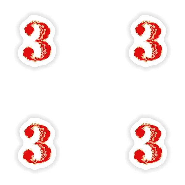 Montaggio adesivi carattere ardente numero 3 rosso su sfondo bianco — Vettoriale Stock
