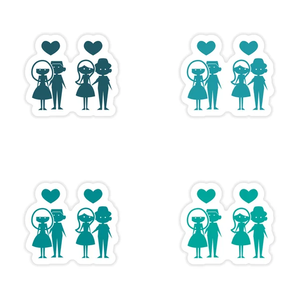Montaje diseño de pegatina realista en parejas de papel amor — Archivo Imágenes Vectoriales