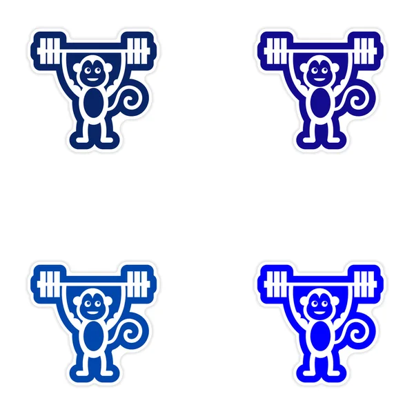 Conjunto de pegatinas de papel sobre fondo blanco monkey weightlifter — Archivo Imágenes Vectoriales