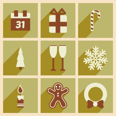 Uzun gölge Noel ve yeni yıl ile düz Icons set