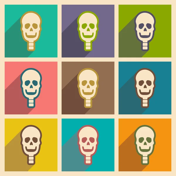 Establecer iconos planos con cráneo humano de sombra larga — Archivo Imágenes Vectoriales