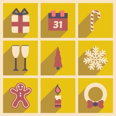 Uzun gölge Noel ve yeni yıl ile düz Icons set