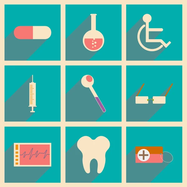 Plano com conceito de sombra e ícones de medicina de aplicativos móveis —  Vetores de Stock