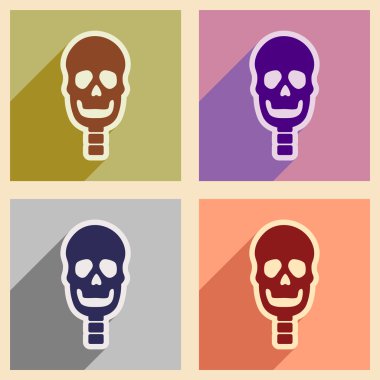 Uzun gölge insan kafatası ile düz Icons set