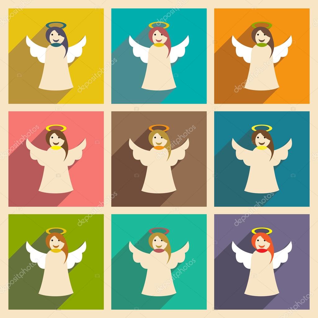 Set of flat icons with long shadow Christmas angel