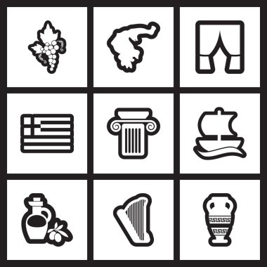 Siyah ve beyaz tarzı Yunanistan düz simge kümesi