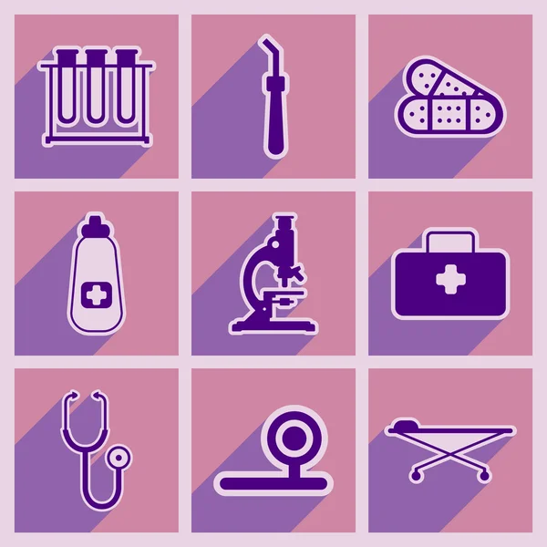 Iconos de instrumentos médicos y medicamentos en estilo plano — Vector de stock