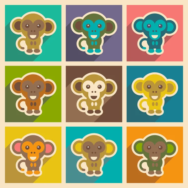 Set icone piatte con lunga ombra scimmia felice — Vettoriale Stock