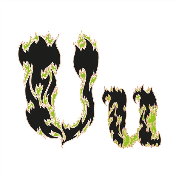 Вогненний шрифт чорно-зеленої літери U на білому тлі — стоковий вектор