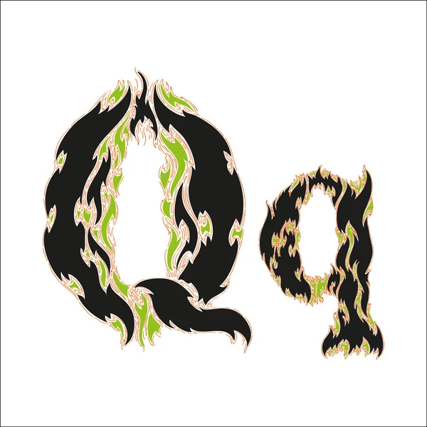 Вогненний шрифт чорно-зеленої літери Q на білому тлі — стоковий вектор