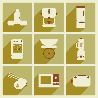 Uzun gölge mutfak aletleri ile düz simgeler kümesi