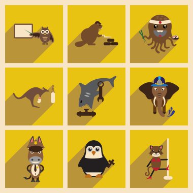 Uzun gölge hayvanlarla düz simgeler kümesi